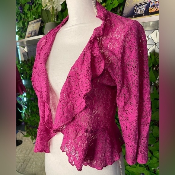Pink Fusia Lace Cropped Ruffle Cotton Blend Cardigan Women’s 1X by Notations - Picture 3 of 12